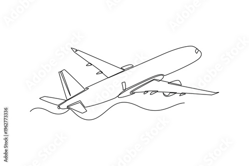 Single one line drawing moment of commercial airplane ascending into the sky. View from behind, aircraft's propulsion and beginning of journey. Continuous line draw design graphic vector illustration