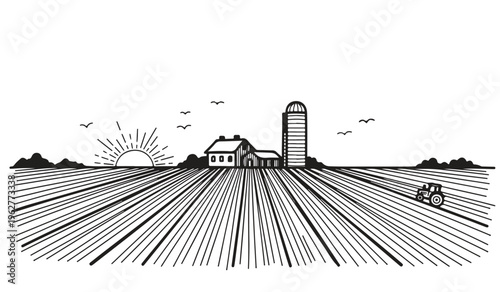 Countryside farm with silo and tractor working vast fields under sunrise vector illustration.