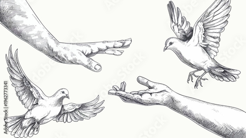 Stylized sketch with outstretched hands and flying doves, rendered in grayscale hatching