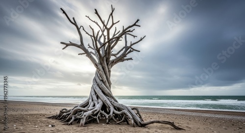 A large, twisted tree with gnarled branches and roots that extend into the sand, standing alone on a beach with the ocean in the background.