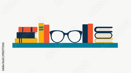 Colorful stylized books and glasses sit atop a teal shelf against white background