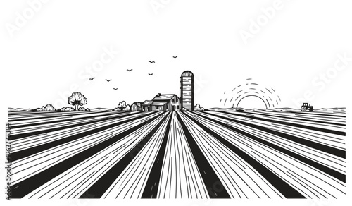 Farm buildings and silo at sunset, vector illustration.