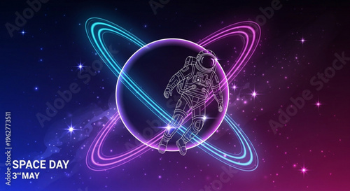 Astronaut floats in space with neon planet rings on space day may 3rd in a starry night sky with purple and blue hues