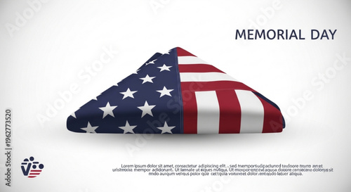 American flag draped coffin on memorial day with patriotic symbols and text on white background