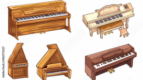 Digital art  five diverse pianos are on display, wood-grained, with keys and pedals