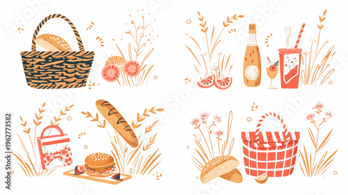 Hand-drawn style picnic elements with baskets, bread, and drinks in earthy colors