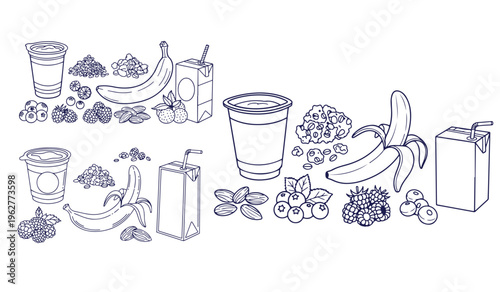 Healthy breakfast vector illustration with yogurt banana granola juice box and berry fruit.