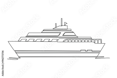 Single one line drawing multi-deck luxury motor yacht or private cruiser gliding through the water. Sophistication and high-end maritime travel. Continuous line draw design graphic vector illustration