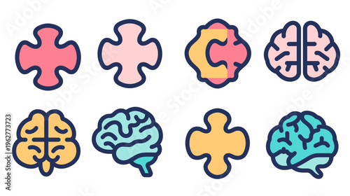 Row of colorful brain and puzzle piece icons with bold outline on a white background