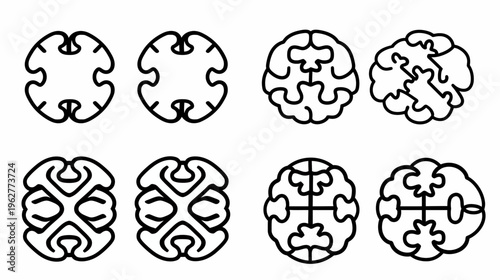 Eight circular designs showcasing abstract patterns of interconnected shapes