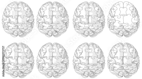 Collection of gray-toned human brain graphic tops, stylized as puzzle pieces, presented in grid