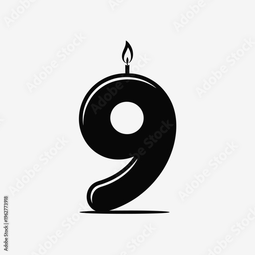 Stylized black number nine with a flickering candle on top