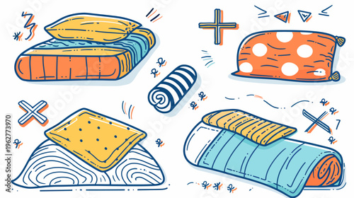 Whimsical bedding assortment with pillows, blankets, and a rolled mat, outlined in blue