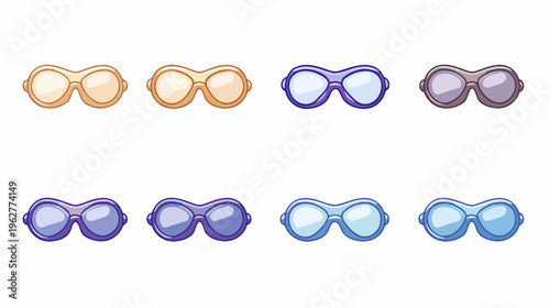 Eight pairs of cartoon sunglasses, tinted in varying shades, set against white space
