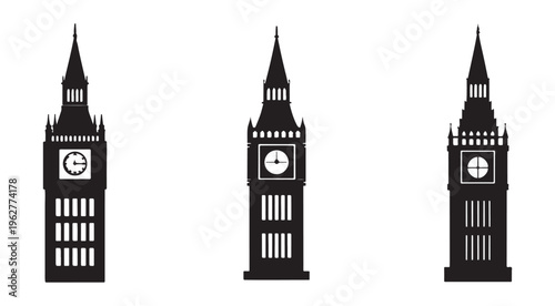 Big Ben London clock tower silhouettes in various orientations  iconic British architecture symbols
