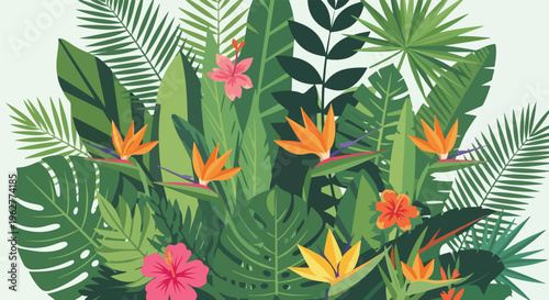 Colorful illustrated tropical foliage with flowers in a lush green composition