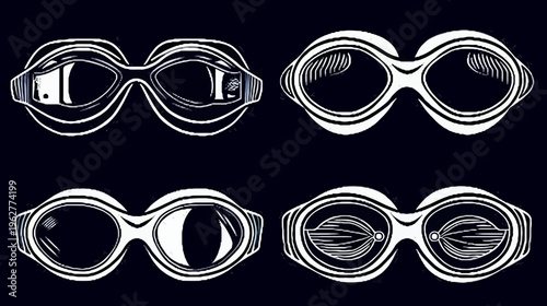 Four stylized pairs of goggles in white lines on a dark blue background, unique eye designs