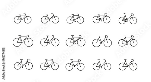 Minimalist Bicycle Icon Set: Collection of 15 Thin Line Vector Bike Symbols for Urban Mobility, Cycling Sport, and Eco-Friendly Transportation Designs