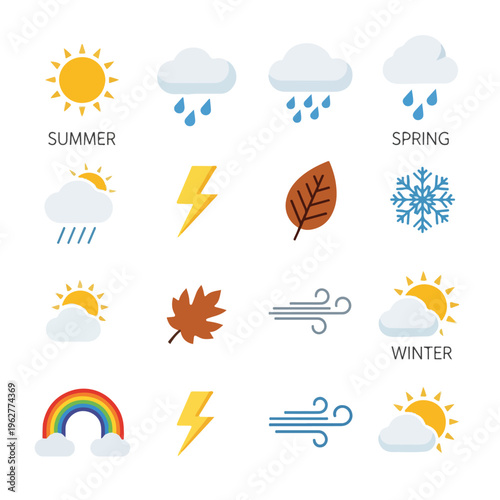 Colorful illustrated weather icons representing different seasons and conditions