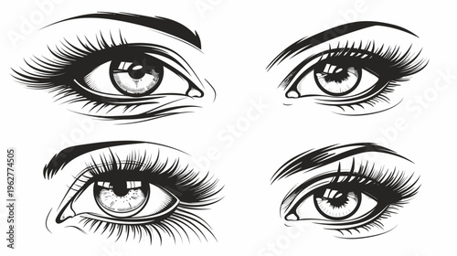 Four pairs of eyes with long lashes, rendered in bold, black, graphic linework