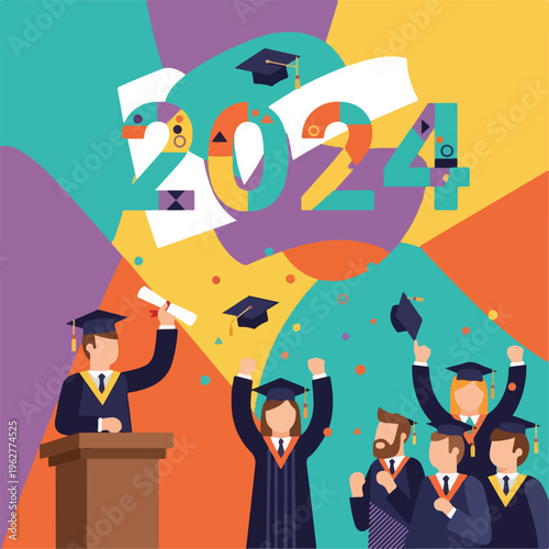 Colorful illustration celebrating graduation year 2024, with figures in robes