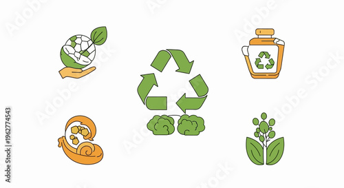 Ecological Sustainability Icon Set with Recycle Symbol, Green Plant, Global Conservation, and Eco-Friendly Concepts for Environmental Protection Branding