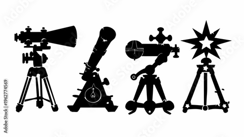 Four black telescope silhouettes, standing on tripods, isolated on a white background