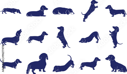 Blue silhouettes of dachshunds in various poses isolated