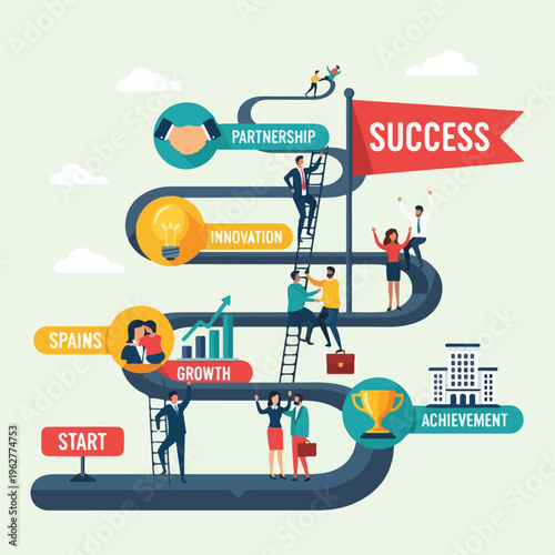 Colorful illustration depicting business progression, climbing towards success