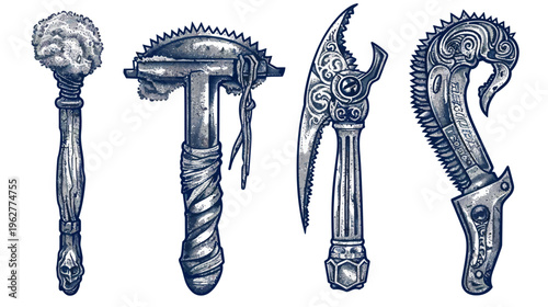 Four grey hand-drawn fantasy weapon drawings against a white background in a row