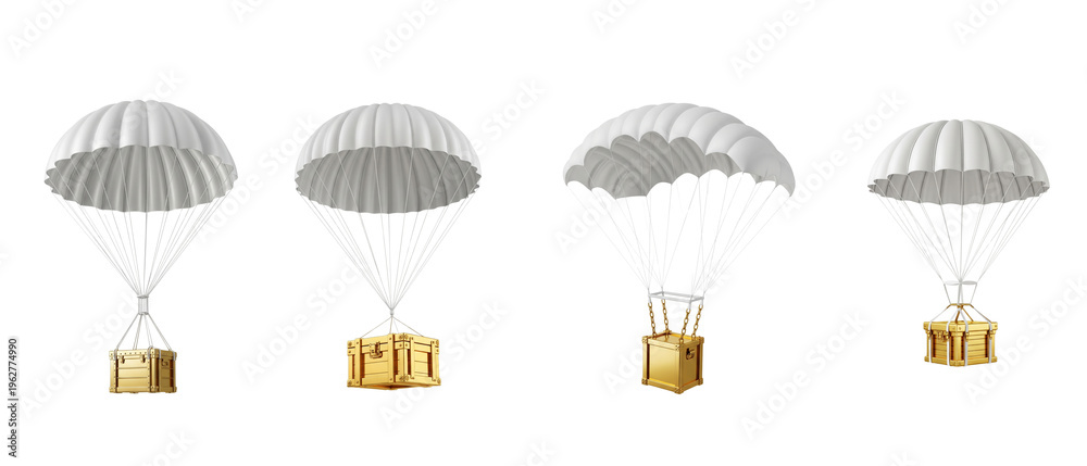 Fototapeta premium Four parachutes descending with cargo boxes.
