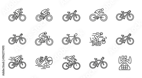 Cycling and Bicycle Line Icon Set: Minimalist Vector Illustrations of Bikers, Racing, and Commuting Gear for Sports and Fitness Design