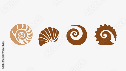 Four brown seashell silhouette icons are isolated on a white background