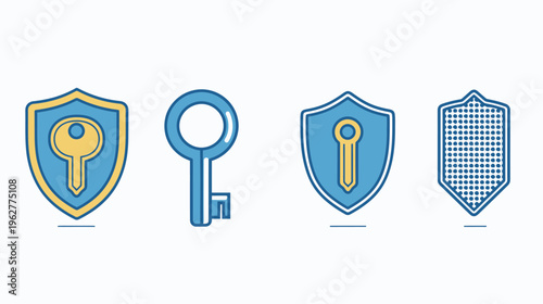 Icon collection features shields with keyholes, single key, and dotted protection