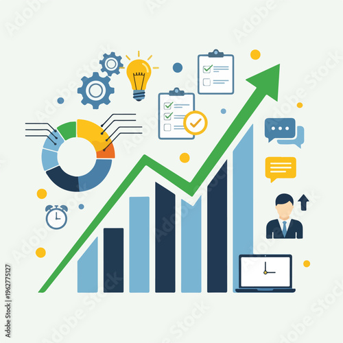 Colorful illustration depicts business growth with charts, icons, and upward arrows