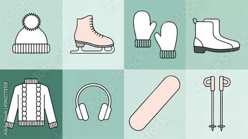 Winter Sports Gear: An artistic flat lay illustration of winter sports equipment, including a knit hat, ice skate, mittens, boots, sweater, headphones, snowboard, and ski poles.