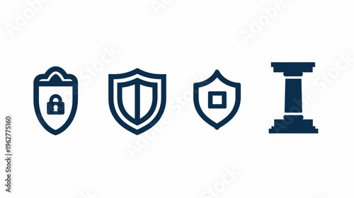 Four icons - shield, shield, shield and a column - blue over white background