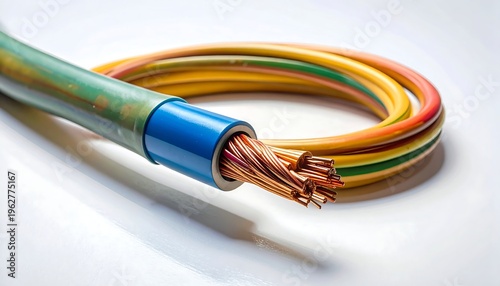 A coiled multi-colored electrical cable with exposed wires