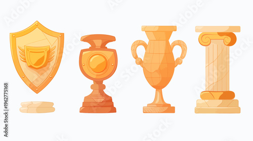 Four distinct golden objects including a shield, two vases, and a column, on white