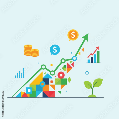 Colorful illustration depicts financial growth with money symbols and charts