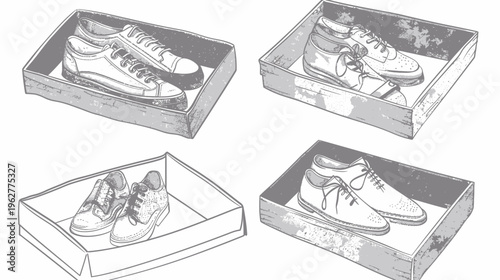 Four gray, sketch-style drawings of pairs of shoes displayed inside of shoeboxes