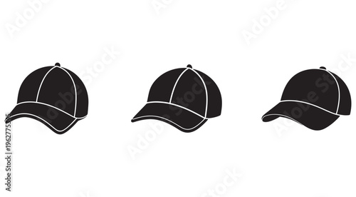 Black baseball caps with white trim in different angles  three black baseball caps with white trim isolated on white background