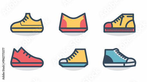 Stylized vector illustrations of shoes loafers, moccasin, and high-tops in assorted colors