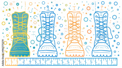 Line art illustration of colorful laced boots on a patterned measurement strip background