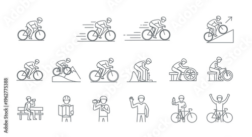Professional Cycling Activity and Bicycle Maintenance Line Icon Set for Sports and Outdoor Travel