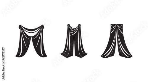 Black curtain drapes stage design elements isolated on white background for theater performance or presentation