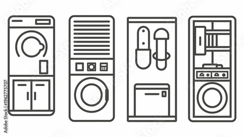 Four appliance outlines dryer, washer, disinfection, and appliance unit, standing together