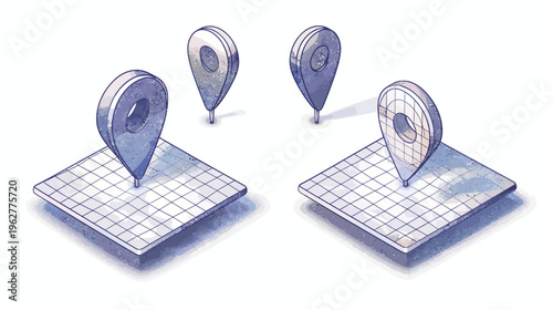 Two map pins on square tiles, set in isometric perspective, rendered in a watercolor style