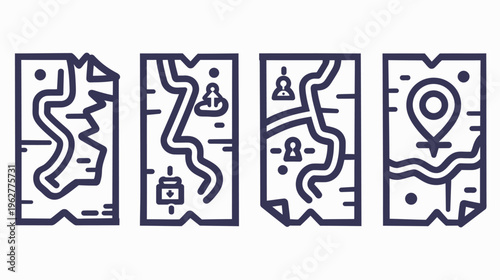 Stylized flat icons depicting folded maps with various routes, symbols, and location markers