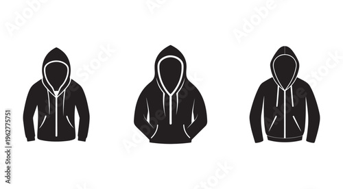 Black hooded sweatshirts with white outlines in various poses on white background  casual clothing and fashion concepts
